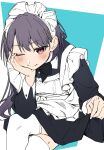  1girl ;) absurdres apron black_dress black_hair blush border commentary dress frilled_apron frills hair_ornament hand_on_own_cheek hand_on_own_face highres holding_own_dress invisible_chair katsuragi_izumi long_hair long_sleeves looking_at_viewer love_live! love_live!_hasu_no_sora_jogakuin_school_idol_club maid maid_apron maid_headdress one_eye_closed orange_eyes outside_border repurika short_dress simple_background sitting slit_pupils smile solo split_mouth thighhighs triangle_hair_ornament untranslatable_commentary virtual_youtuber white_apron white_border white_thighhighs zettai_ryouiki 
