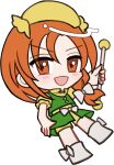  1girl :d blush boots bow chibi chibi_only footwear_bow full_body green_skirt green_vest hair_between_eyes hair_bow hat long_hair looking_at_viewer mirei_(miirei) open_mouth orange_(touhou) orange_eyes orange_hair shirt short_sleeves shorts simple_background skirt smile solo standing touhou touhou_(pc-98) transparent_background v-shaped_eyebrows vest white_boots white_bow yellow_hat yellow_shirt yellow_shorts 
