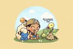  1boy bandana bellsprout blush_stickers boots brown_boots budew chunafishy closed_eyes commentary crossover english_commentary full_body highres long_nose male_focus mareep one_piece open_mouth overalls pokemon pokemon_(creature) reading shroomish sitting solo usopp 