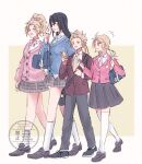  1boy 3girls bag bead_bracelet beads black_hair black_pants black_shoes black_skirt blonde_hair blue_cardigan blue_coat book bow bowtie bracelet brown_jacket cardigan carrying cellphone coat collarbone collared_shirt commentary_request contemporary copyright_notice crossbody_bag dissidia_duellum_final_fantasy dissidia_final_fantasy ff14hioo_oo7 final_fantasy final_fantasy_iii final_fantasy_v final_fantasy_vi final_fantasy_viii from_side full_body green_eyes hair_bow hair_ornament hairclip high_ponytail holding holding_book holding_phone jacket jewelry korean_commentary krile_mayer_baldesion_(ff5) long_hair looking_at_phone moogle multiple_girls multiple_hairclips official_alternate_costume onion_knight pants phone pink_cardigan pink_jacket ponytail red_bow red_bowtie rinoa_heartilly rinoa_heartilly_(student_sorceress) school_uniform shirt shoes skirt smartphone socks solo terra_branford terra_branford_(school_cardigan) twintails white_shirt white_socks 