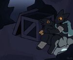 2026 3_toes ambiguous_gender anthro arm_tuft artist_name backpack backpack_only bandage bandaged_arm bandaged_leg belly_tuft big_ears big_eyes big_tail biped black_body black_ears black_eyes black_fur black_nose black_tail blue_backpack box canid canine casualties:_unknown cave cheek_tuft container crate curious detailed_background digital_drawing_(artwork) digital_media_(artwork) digitigrade dipstick_tail expie_(gunsawian) facial_tuft feet flashlight fox fur glowing glowing_eyes gunsawian hi_res holding_object holding_plushie hybrid inside ir0sucks looking_at_object looking_at_plushie mammal markings mostly_nude murid murine open_box orange_sclera orange_tail_tip plushie pupils rat rock rodent shaded shoulder_tuft sitting slit_pupils snout solo tail tail_markings text toes tuft watermark wooden_crate