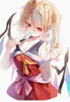  1girl alternate_costume ascot blonde_hair breasts calpis118 cleavage commentary_request crystal crystal_wings dress eating flandre_scarlet food food_in_mouth hair_between_eyes highres hot large_breasts loose_ascot melting_popsicle missing_headwear multicolored_wings one_side_up pointy_ears popsicle popsicle_in_mouth red_dress red_eyes red_nails simple_background solo sweat touhou wings yellow_ascot 