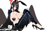 1girl :o absurdres animal_ear_hairband animal_ears ass black_hair black_hiphighs black_shoes black_shrug blue_archive blush bow bowtie breasts cleavage fake_animal_ears frontless_outfit groin hair_between_eyes hairband halo hasumi_(blue_archive) heart_pasties high_heels highres hiphighs huge_breasts latex latex_shrug long_hair looking_at_viewer navel open_mouth pasties rabbit_ear_hairband rabbit_ears red_bow red_bowtie red_eyes red_halo reverse_bunnysuit reverse_outfit riel_(rielilu) shoes shrug_(clothing) sitting solo very_long_hair wrist_cuffs 