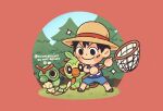  1boy blue_shirt blue_shorts butterfly_net caterpie chibi chibi_only chunafishy closed_mouth commentary crossover english_commentary full_body grookey hand_net hat highres holding holding_butterfly_net male_focus monkey_d._luffy nostrils one_piece pine_tree pokemon sandals scar scar_on_cheek scar_on_face shirt shorts smile solo sparkle straw_hat tree 