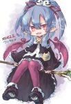  1girl alwen_du_moonbria black_dress black_shoes blue_hair bowman bright_pupils commentary_request copyright_name dress fang highres holding holding_staff open_mouth pantyhose pointy_ears purple_pantyhose red_eyes shoes skin_fang smile solo staff staff_riding vampire white_background white_pupils zwei_2 