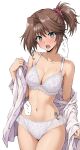  1girl bra breasts cameltoe collarbone commentary cowboy_shot elf_(stroll_in_the_woods) frilled_bra frilled_panties frilled_underwear frills hair_intakes head_tilt heart high_ponytail highres large_breasts mazaki_anzu medium_hair navel open_mouth panties ponytail see-through_clothes see-through_panties simple_background solo speech_bubble straight-on teeth thighs underwear undressing upper_body upper_teeth_only white_background white_bra white_panties yu-gi-oh! yu-gi-oh!_the_dark_side_of_dimensions 