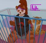 ageplay annoyed anthro bear black_clothing black_shirt black_topwear blizzard_entertainment breasts brown_hair clean_diaper clothing crib diaper female frown fur green_eyes hair hi_res highlights_(coloring) infantilism kneeling looking_aside mammal markings onesie onesie_open orange_body orange_fur pandaren pillow plushie purple_highlights roleplay shirt solo striped_markings stripes topwear warcraft white_body white_fur wob
