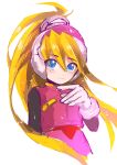  1girl absurdres black_bodysuit blonde_hair blue_eyes bodysuit ciel_(mega_man) closed_mouth commentary_request dot_nose gloves highres long_hair looking_at_viewer mega_man_(series) mega_man_zero_(series) pink_shirt pink_skirt shirt shyu_1014 simple_background skirt smile solo upper_body very_long_hair white_background white_gloves 
