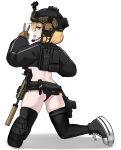  1girl absurdres ass assault_rifle bandit-chan_(k0ng) black_jacket black_panties black_thighhighs blonde_hair blue_eyes breasts brown_gloves combat_helmet cropped_jacket from_behind full_body glock gloves gun handgun headset helmet highres holding holding_gun holding_weapon holster holstered jacket k0ng looking_at_viewer looking_back magazine_(weapon) original panties pouch rifle shoes sig_mcx sig_sauer simple_background skindentation sneakers solo suppressor tactical_clothes thigh_holster thighhighs tongue tongue_out underboob underwear v weapon white_background 