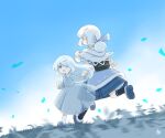  age_comparison artist_logo belt black_socks blue_dress blue_jacket blue_shoes blue_skirt blue_sky bow capelet check_commentary commentary_request dress from_behind fur-trimmed_jacket fur_trim hair_bow jacket kitagawa_suigetsu logo low_ponytail lumiricca_(kitagawa_suigetsu) original ponytail running see-through_body shirt shoes skirt sky socks thighhighs waist_bag white_bow white_capelet white_hair white_shirt white_thighhighs 