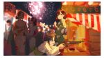  4girls :d aerial_fireworks ahoge asakura_tooru bangs black_hair blue_eyes blurry blurry_background brown_eyes brown_hair candy_apple eyebrows_visible_through_hair fangs festival fireworks floral_print flower food fukumaru_koito gun hair_bun hair_flower hair_ornament hair_scrunchie hairclip half-closed_eyes hand_on_another&#039;s_arm highres higuchi_madoka holding holding_gun holding_weapon ichikawa_hinana idolmaster idolmaster_shiny_colors japanese_clothes kimono kinchaku long_sleeves looking_ahead looking_at_another looking_at_viewer mole mole_under_eye multiple_girls night noctchill_(idolmaster) obi one_eye_closed open_mouth outdoors parted_bangs parted_lips pouch purple_eyes rifle sash scrunchie shooting_gallery short_hair sidelocks sitting skin_fangs smile spung standing summer_festival swept_bangs twintails weapon wide_sleeves yukata yuri 