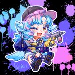  1girl absurdres animal_ears arknights bird_ears bird_girl bird_tail black_background black_shorts black_socks blue_hair blush brown_sandals chibi commentary_request fang fangqie_junzhu_bawei_jiang highres holding holding_paintbrush long_hair looking_at_viewer multicolored_hair one_eye_closed open_mouth overalls paint_gun paint_splatter paintbrush pink_streaks sandals shirt short_eyebrows shorts simple_background skin_fang sleeves_past_fingers sleeves_past_wrists socks solo streaked_hair tail thick_eyebrows tippi_(arknights) v-shaped_eyebrows white_shirt yellow_eyes 