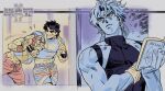  3boys book bracelet closed_mouth crop_top dio_brando earrings guido_mista hat holding holding_book hoop_earrings in-franchise_crossover jewelry jojo_no_kimyou_na_bouken jonathan_joestar multiple_boys muscular muscular_male pants phantom_blood shirt shorts stardust_crusaders sweat t-shirt tmblyeet towel towel_around_neck union_jack upper_body vento_aureo 