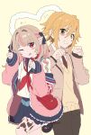  1boy 1girl blazer blonde_hair blue_sailor_collar blue_skirt blush_stickers brown_hair brown_jacket cardigan collared_shirt cowboy_shot green_eyes highres jacket long_hair makaino_ririmu makaino_ririmu_(4th_costume) neckerchief necktie nijisanji nirvanarhat one_eye_closed pants paw_pose pink_eyes pink_jacket pleated_skirt pointy_ears red_neckerchief sailor_collar school_uniform serafuku shirt short_hair simple_background skirt two_side_up uzuki_kou uzuki_kou_(3rd_costume) virtual_youtuber yellow_background 