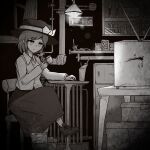  1girl absurdres arm_rest bag bow buttons chair check_commentary closed_mouth collared_shirt commentary_request cup expressionless flask galm_x_lmr_(ryonasa) grey_theme hair_bow hanging_light hat hat_bow highres holding holding_cup indoors long_skirt long_sleeves medium_hair monochrome object_request phone round-bottom_flask shirt shoes sitting skirt socks solo table television touhou usami_renko window 