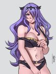  1girl absurdres anianocula artist_name bare_arms bare_shoulders black_bra black_pantyhose black_tiara bra bra_slip breasts camilla_(fire_emblem) cleavage closed_mouth collarbone commentary cowboy_shot demon_horns english_commentary fake_horns fire_emblem fire_emblem_fates grey_background groin hair_over_one_eye highleg highleg_panties highres horns large_breasts long_hair looking_at_viewer navel o-ring off_shoulder one_eye_covered panties pantyhose parted_bangs patreon_username purple_eyes purple_hair signature simple_background smile solo stomach thighs tiara underwear upper_body very_long_hair wavy_hair web_address 