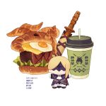  1girl 2boys ascot asymmetrical_bangs blindfold_mask blonde_hair burger chibi commentary croissant cup disposable_coffee_cup disposable_cup duchess_(elden_ring) elden_ring elden_ring_nightreign eye_mask food food-themed_weapon fried_egg full_body gameplay_mechanics half_eye_mask ironeye_(elden_ring) mask multiple_boys okaka516 ornate_clothes parted_bangs raider_(elden_ring) solo sword tea untranslatable_commentary weapon white_ascot 