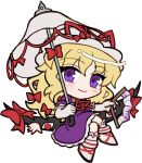  1girl blonde_hair blush bow chibi chibi_only closed_mouth dress elbow_gloves frilled_dress frills full_body gap_(touhou) gloves hand_fan hat hat_ribbon holding holding_fan holding_umbrella kneehighs long_hair looking_at_viewer mirei_(miirei) mob_cap no_shoes parasol purple_dress purple_eyes red_bow red_ribbon ribbon short_sleeves simple_background smile socks solo touhou transparent_background umbrella white_gloves white_hat white_socks white_umbrella yakumo_yukari 