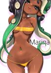  1girl aqua_eyes ass_visible_through_thighs bandeau bikini black_hair breasts cameltoe cephalopod_eyes character_name collarbone commentary_request dark-skinned_female dark_skin fang gem gradient_hair green_eyes green_gem green_hair highres koharu2.5 long_hair looking_at_viewer marina_(splatoon) medium_breasts mole mole_under_mouth multicolored_hair narrow_waist navel navel_piercing open_mouth piercing pink_pupils red_lips simple_background solo splatoon_(series) splatoon_2 stomach strapless strapless_bikini suction_cups swimsuit teeth thick_eyebrows thighs underboob upper_teeth_only very_long_hair white_background wide_hips yellow_bandeau 
