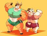  anthro antlers big_muscles bottomwear bovid brown_hair butt caprine cervid clothing duo flexing fur goat green_clothing hair hi_res hooves horn male mammal midriff muscular muscular_anthro muscular_male red_clothing shirt shorts syc tank_top topwear white_body white_fur 
