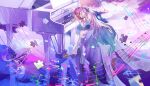  1girl absurdres amphoreus_(honkai:_star_rail) baixiaodeyueliangchuan bare_shoulders blue_hair chinese_commentary commentary_request cyrene_(demiurge)_(honkai:_star_rail) cyrene_(honkai:_star_rail) detached_sleeves dress earrings gradient_hair green_eyes hair_ornament head_on_arm high_heels highres honkai:_star_rail honkai_(series) infinity_symbol instrument jewelry leaf_hair_ornament multicolored_hair musical_note musical_staff open_mouth piano pink_hair planet_earrings pointy_ears purple_dress purple_eyes puzzle_piece short_sleeves solo white_sleeves 