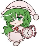  1girl ;) blush capelet chibi chibi_only closed_mouth dress frilled_dress frills full_body green_eyes green_hair hat kazami_yuuka kazami_yuuka_(pc-98) long_dress long_hair looking_at_viewer mirei_(miirei) nightcap one_eye_closed pocket_watch shoes simple_background smile solo standing touhou touhou_(pc-98) transparent_background watch white_capelet white_dress white_hat white_shoes 