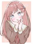  1girl alfaromio azabu_mai blue_eyes blush border brown_dress commentary dress hands_on_own_cheeks hands_on_own_face hasu_no_sora_school_uniform head_tilt ikizulive!_love_live!_bluebird kinjo_maika long_sleeves looking_at_viewer love_live! love_live!_hasu_no_sora_jogakuin_school_idol_club name_connection neckerchief open_mouth orange_background outside_border pose_imitation public_style_(love_live!) red_hair red_neckerchief sailor_collar sailor_dress school_uniform shoulder_tilt simple_background solo sparkle upper_body white_border white_sailor_collar winter_uniform 