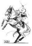  1girl absurdres animal_ears armband blunt_bangs boots bow breasts bridle commentary_request creature_and_personification dress ear_bow gloves gold_ship_(racehorse) gold_ship_(red_strife)_(umamusume) gold_ship_(umamusume) greyscale hat highres horse horse_ears horse_girl horse_mask horse_tail horseback_riding long_hair mask monochrome ohayonabeno open_mouth pantyhose personification pillbox_hat reins riding saddle sleeveless sleeveless_dress smile sparkle striped_armband striped_clothes tail umamusume 