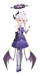  1girl absurdres ankle_strap anklet bare_shoulders bead_anklet beads blue_archive boots bow collarbone commentary_request demon_girl demon_horns demon_wings dress earrings elbow_gloves evening_gown floating_earrings forehead full_body gloves hair_bow hair_ribbon halo high_heels highres hina_(blue_archive) hina_(dress)_(blue_archive) holding holding_paper horns jewelry long_hair looking_afar necklace official_alternate_costume official_alternate_hairstyle pantyhose paper parted_bangs parted_lips pearl_necklace pendant ponytail print_dress purple_boots purple_dress purple_eyes purple_gloves purple_pantyhose reading reihaz ribbon sidelocks simple_background solo standing strapless strapless_dress strappy_heels wavy_hair white_background white_hair wings 
