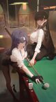  2girls absurdres alternate_costume alternate_hairstyle ball billiard_ball billiard_chalk billiards black_hair black_halo black_pantyhose black_shoes blue_archive blue_eyes breasts cleavage commentary_request cue_stick cup disposable_cup gloves hair_behind_ear hair_ornament halo high_heels highres holding holding_cue_stick id_card indoors lanyard large_breasts leaning_forward long_hair looking_at_viewer mechanical_halo medium_breasts millennium_science_school_logo modare multiple_girls no_shoes pantyhose partially_fingerless_gloves pencil_skirt playing_sports pool_table purple_hair red_eyes rio_(blue_archive) shoes skirt smile solo standing table unworn_shoes yuuka_(blue_archive) 
