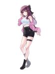  1girl absurdres bare_shoulders black_bow black_shorts boots bow breasts closed_mouth commentary crop_top earrings frilled_thigh_strap full_body hair_bow hand_up high-waist_shorts highres isegye_idol jacket jewelry jururu korean_commentary lace-up_boots lala_2080 large_breasts long_hair long_sleeves looking_at_viewer medium_breasts midriff off_shoulder official_alternate_costume open_clothes open_jacket pink_jacket purple_hair red_eyes shirt short_shorts shorts simple_background sleeveless sleeveless_shirt smile socks solo standing thigh_strap thighs virtual_youtuber waktaverse white_background white_shirt 
