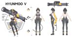  1girl absurdres black_bodysuit black_boots black_hair bodysuit boots breasts cable cable_tail character_name character_profile clothing_cutout color_guide colored_inner_hair crotch_zipper cutout_above_navel full_body highres holding holding_weapon huge_weapon hyunmoo_v_(littleboy016) large_breasts littleboy_(littleboy016) long_hair low_ponytail mechanical_tail multicolored_hair multiple_views original ponytail reference_sheet see-through_clothes simple_background skin_tight standing tail turnaround two-tone_hair weapon white_background yellow_eyes 