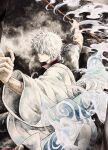  1boy arms_up black_shirt closed_mouth collared_shirt commentary_request floating_clothes gintama highres holding holding_sword holding_weapon japanese_clothes kimono looking_at_viewer male_focus popped_collar sakata_gintoki shirt short_hair short_sleeves smoke solo sword tsukisaki_34gn wave_print weapon white_hair white_kimono wooden_sword 