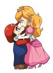  1boy 1girl arms_around_another's_waist bbik_gam3 blonde_hair blue_eyes blue_overalls brooch brown_hair brown_shoes buttons commentary_request crown dress earrings elbow_gloves facial_hair gloves gold_crown gown hand_on_another's_face hat hug jewelry korean_commentary large_nose long_hair long_sleeves looking_at_another mario mario_(series) mustache newsboy_cap overalls pink_dress pink_lips pointed_crown princess_peach red_hat red_shirt shirt shoes short_hair simple_background smile sphere_earrings white_background white_gloves 