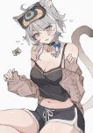  1girl ahoge animal_ears black_camisole black_shorts blue_eyes breasts brown_sweater camisole cat_ears cat_girl cat_tail cipher_(honkai:_star_rail) cipher_(sweet_slumber)_(honkai:_star_rail) cleavage coa_(35_seno) commentary dolphin_shorts grey_hair highres honkai:_star_rail honkai_(series) large_breasts looking_at_viewer midriff_peek navel official_alternate_costume parted_lips short_hair_with_long_locks shorts simple_background solo strap_slip sweater tail white_background 