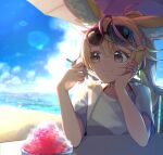  1girl absurdres alternate_costume alternate_hairstyle animal_ear_fluff animal_ears beach beach_umbrella bikini bikini_under_clothes black_bikini black_streaks blonde_hair blue_sky closed_mouth commentary ear_ornament english_commentary food fox_ears highres hololive long_hair multicolored_hair namonaki_yamada non-circular_lens_flare ocean omaru_polka outdoors pink_streaks ponytail pov_across_table purple_eyes see-through_clothes see-through_shirt shaved_ice shirt sky solo streaked_hair sunglasses swimsuit t-shirt umbrella upper_body virtual_youtuber white_shirt 