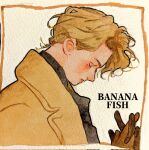  1boy ash_lynx banana_fish bishounen black_shirt blonde_hair blush brown_gloves commentary_request copyright_name gloves highres inset_border jacket lapels looking_down male_focus own_hands_clasped own_hands_together painting_(medium) parted_lips reo1111 shirt short_hair solo traditional_media watercolor_(medium) wavy_hair yellow_jacket 