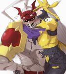  1boy after_kiss armor assertive_female belt black_belt black_bodysuit black_eyes blush bodysuit breasts brown_belt colored_sclera commentary_request commission covered_eyes cowboy_shot detached_sleeves digimon digimon_(creature) digital_hazard dukemon embarrassed facial_mark flying_sweatdrops fox_mask full_armor gloves grey_hair hand_on_own_hip helmet hetero hug knight large_breasts lipstick lipstick_mark long_hair looking_to_the_side makeup mask nose_blush parted_lips pixiv_commission purple_lips purple_sleeves sakuyamon shoulder_armor simple_background smile standing taira_(tairamon) very_long_hair white_armor white_background white_helmet yellow_armor yellow_mask yellow_sclera yin_yang yin_yang_print 