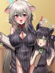  2girls absurdres aged_down animal_ear_fluff animal_ears black_hair blue_archive blue_halo breasts china_dress chinese_clothes clothing_cutout commentary_request diamond_cutout dress extra_ears green_eyes grey_hair halo highres jacket kokona_(blue_archive) multicolored_hair multiple_girls shun_(blue_archive) shun_(small)_(blue_archive) solharuu striped_clothes striped_dress striped_jacket sweat tiger_ears tiger_girl vertical-striped_clothes vertical-striped_dress vertical-striped_jacket 