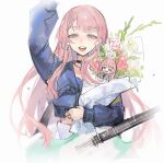  1girl :d absurdres arm_up bang_dream! bang_dream!_it's_mygo!!!!! black_choker blue_shirt bouquet character_doll chihaya_anon chinese_commentary choker collared_shirt commentary_request doll earrings fang flower grey_eyes highres holding holding_bouquet jewelry long_hair long_sleeves looking_at_viewer open_mouth pink_hair shirt smile solo upper_body white_background white_flower xiangchizhubijin 