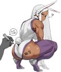  1girl :p ? absurdres animal_ears ass back_muscles badasengsu boku_no_hero_academia breasts commentary_request dark-skinned_female dark_skin disembodied_hand gloves highres korean_commentary large_breasts leotard long_eyelashes long_hair marker mirko muscular muscular_female purple_thighhighs rabbit_ears rabbit_girl rabbit_tail red_eyes sleeveless sleeveless_turtleneck squatting tail tail_through_clothes taut_leotard thick_thighs thighhighs thighs tongue tongue_out turtleneck turtleneck_leotard white_hair white_leotard writing_on_ass 