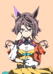  1girl adjusting_eyewear animal_ears belt black_belt bow breasts brown_hair closed_mouth collared_shirt ear_covers glasses green-framed_eyewear highres horse_ears horse_girl jacket long_hair long_sleeves looking_at_viewer orange_jacket over-rim_eyewear purple_bow purple_ribbon ribbon royce_and_royce_(inspiring_genius)_(umamusume) royce_and_royce_(umamusume) semi-rimless_eyewear shirt single_ear_cover skirt smile solo umamusume vest white_shirt yellow_vest zukki_(bijitaru) 