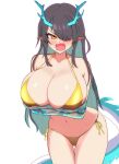  1girl absurdres alternate_breast_size_(larger) alternate_costume angry arknights bare_shoulders bikini black_hair blush breasts cleavage colored_inner_hair commentary_request dragon_girl dragon_horns dragon_tail dusk_(arknights) fang gold_bikini green_hair hair_over_one_eye highres horns huge_breasts long_hair multicolored_hair na1207_(naashii) navel one_eye_covered open_mouth orange_eyes pointy_ears side-tie_bikini_bottom simple_background skin_fang solo standing swimsuit tail textless_version thigh_gap white_background yellow_bikini 