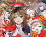  3boys 3girls animal_ears black_gloves blue_eyes brown_hair cat_ears cat_girl chabo_games chicken_(food) chicken_leg christmas christmas_lights christmas_ornaments christmas_tree christmas_wreath closed_eyes commentary_request copyright_name deer_ears fake_antlers fangs food fur-trimmed_headwear fur_trim gloves green_eyes grey_hair hat holding indoors kipfel_(vrchat) long_hair looking_at_viewer marycia_(vrchat) multiple_boys multiple_girls open_mouth red_gloves santa_costume santa_hat shinano_(vrchat) short_hair smile vrchat white_hair wreath 