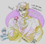  2boys crossed_arms dio_brando flower holding holding_flower jojo_no_kimyou_na_bouken jonathan_joestar multiple_boys open_mouth phantom_blood rose sketch smile suit tmblyeet upper_body 