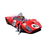  1boy blonde_hair boots car char_aznable color_connection commentary commission english_commentary ferrari ferrari_330_p4 gloves grey_boots grey_gloves gundam helmet highres jacket le_mans_prototype looking_at_viewer male_focus mask mobile_suit_gundam motor_vehicle parted_lips race_vehicle racecar red_car red_jacket smile solo toyeeta_prius vehicle_focus watermark world_sportscar_championship 