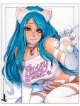  1girl animal_ears animal_hands aqua_eyes aqua_hair artist_name bare_shoulders bell blue_eyes blue_hair border breasts cat_ears cat_girl cat_paws cat_tail choker claw_pose commentary commentary_request crop_top darkstalkers english_commentary eyelashes felicia_(darkstalkers) fur_choker hairband highres jewelry large_breasts long_hair looking_at_viewer navel neck_bell necklace omar_dogan parted_bangs pink_shirt print_shirt protected_link scan seiza shadow shirt signature simple_background sitting tail tied_shirt traditional_media white_background white_border 