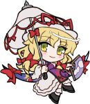  1girl black_shoes blonde_hair blush bow chibi chibi_only closed_mouth dress full_body gap_(touhou) hair_bow hand_fan hat hat_ribbon holding holding_fan holding_umbrella long_hair long_sleeves looking_at_viewer mirei_(miirei) mob_cap parasol purple_tabard red_bow red_ribbon ribbon shoes simple_background smile socks solo tabard touhou transparent_background umbrella white_dress white_hat white_socks white_umbrella wide_sleeves yakumo_yukari yellow_eyes 