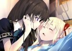  2girls blonde_hair blue_dress blue_shirt brown_hair closed_eyes closed_mouth commentary_request dress hair_ribbon highres inoue_takina long_hair looking_at_another lycoris_recoil lycoris_uniform multiple_girls nishikigi_chisato open_mouth purple_eyes red_ribbon ribbon sengoku_chidori shirt sleeping smile yuri 