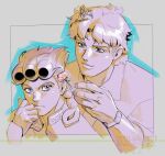  2boys braid closed_mouth commentary father_and_child father_and_son flower frown giorno_giovanna hair_flower hair_ornament jojo_no_kimyou_na_bouken jonathan_joestar lips male_focus multiple_boys parent_and_child phantom_blood smile tmblyeet vento_aureo victory_rolls watch wristwatch 